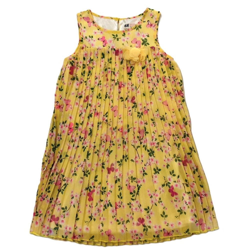 H&M Girls Pleated Dress Yellow Floral Butterfly All Over Print Size 6-7Y